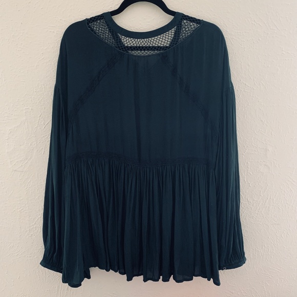 free people dark green lace up blouse size large - Picture 3 of 6